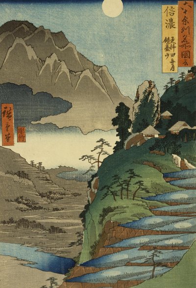 Berg Kyodai und der Mond, der sich in den Reisfeldern von Sarashina in der Provinz Shinano spiegelt, Nr. 25 von Utagawa Hiroshige